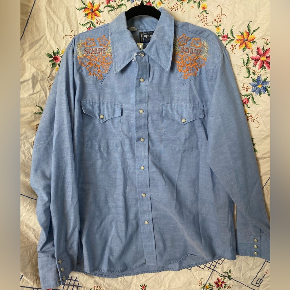 SOLD!! 70s VINTAGE SCHLITZ BEER PEARL SNAP WESTERN LONG SLEEVE SHIRT